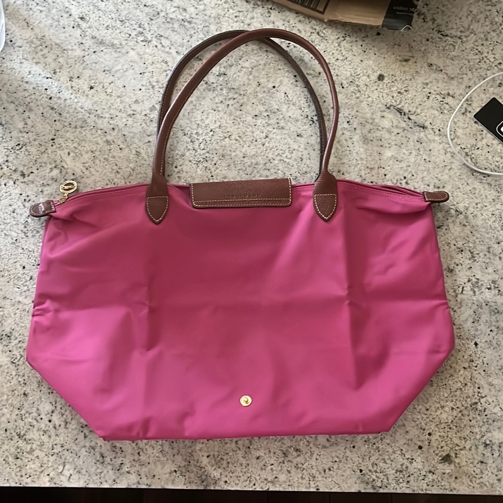 Longchamp Fuchsia Tote with Brown Handles